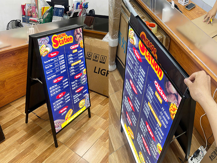 tranh điện chân đứng chữ A 60x90cm 2 làm menu 2 mặt trước cửa hàng